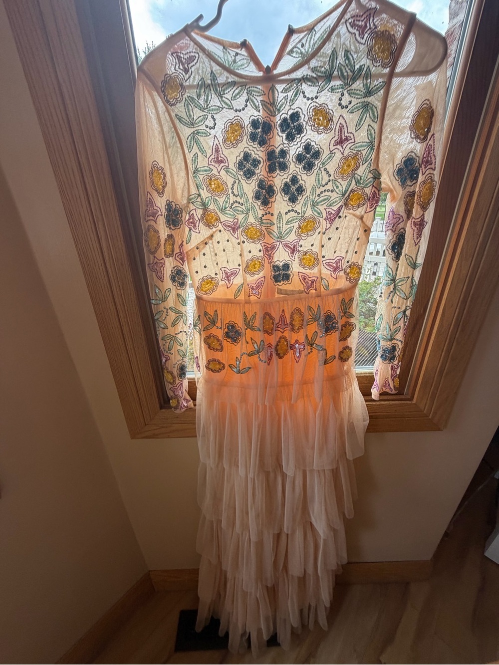 Nasty Gal Sheer Peach Maxi Dress with Multicolor Floral Embroidery